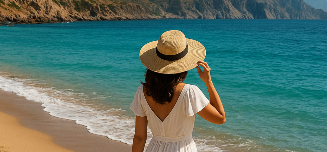 Donna elegante con abito bianco che cammina su una spiaggia mediterranea in Marocco, di fronte al mare turchese e alle montagne del Rif, simbolo di un viaggio chic e rilassante 2026