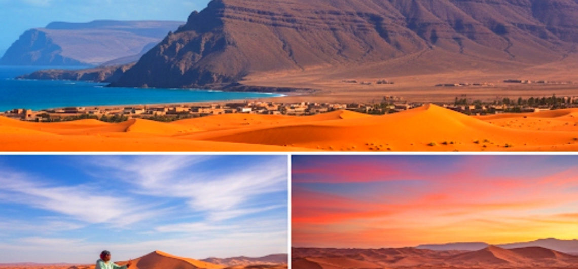 Certainly, here are the alternative text options in Italian for the image: Opzione 1 (Semplice e diretta): "Escursione di 4 giorni da Essaouira al deserto di Merzouga" Opzione 2 (Più descrittiva): "Vista panoramica dell'escursione di 4 giorni da Essaouira al deserto di Merzouga con Nejma Morocco Tours, che include scene di cammelli tra le dune e un accampamento al tramonto." Opzione 3 (Dettagliata per accessibilità): "Composito di immagini per un'escursione di 4 giorni in Marocco. In alto: una vista del deserto vicino alla costa a Essaouira. In basso a sinistra: una persona a dorso di cammello con un'altra persona a piedi tra le dune di Merzouga. In basso a destra: un accampamento berbero con tende e persone al tramonto nel deserto."